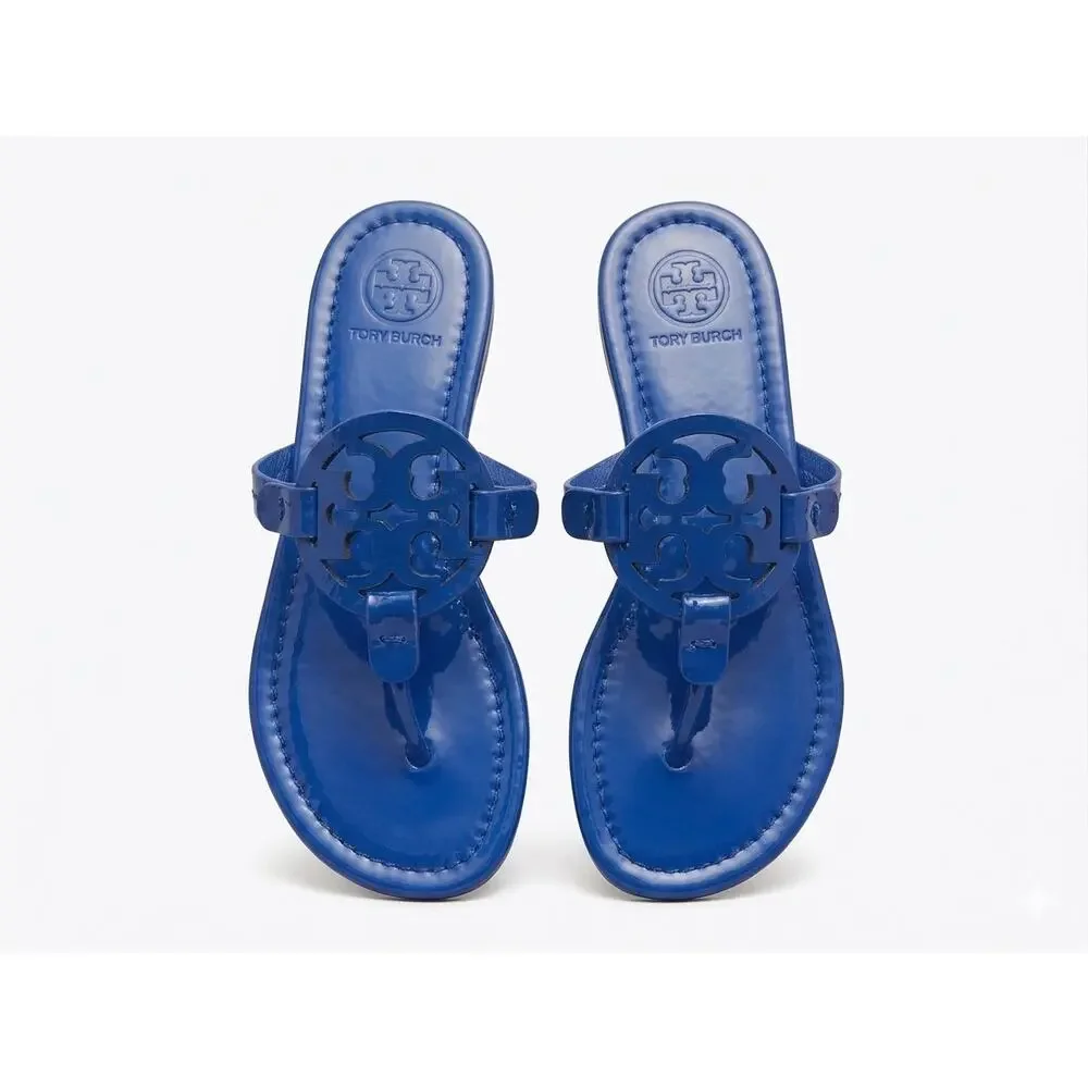 Tory Burch Miller Naplak Patent Leather Sandal Nautical Blue Thong Flat 6.5